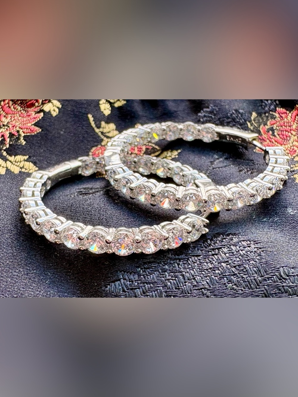 Silver Tone CZ Hoop Earrings | Sparkling Round Stone Latch Back Hoops